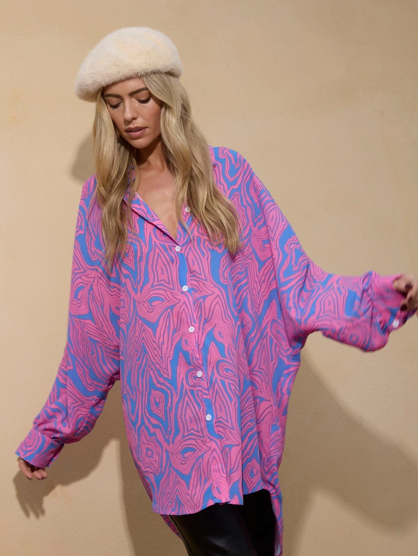 Pearl Shirt Dress in Blue on Pink Swirl - Image 4