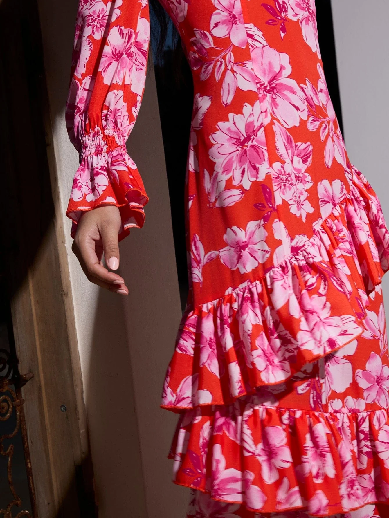 Vivienne Dress in Red on Pink Floral - Image 3