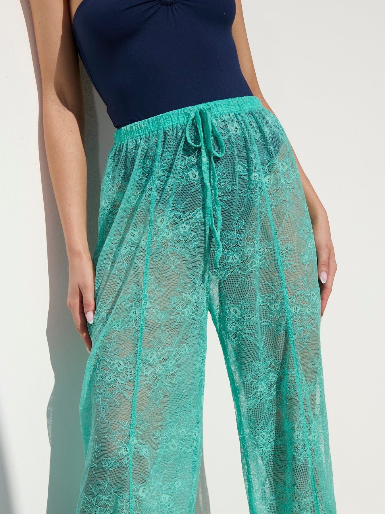 Vesper Sheer Lace Trousers in Aqua Green - Image 4